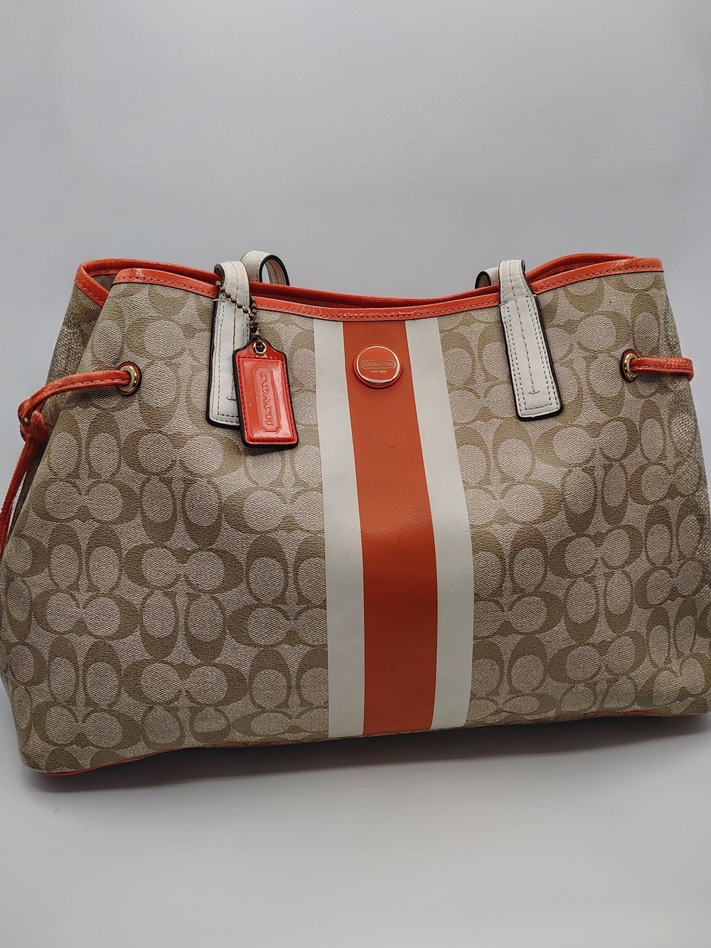 Authentic Coach Signature Stripe Large Carryall Tote - Khaki & Orange (With COA)